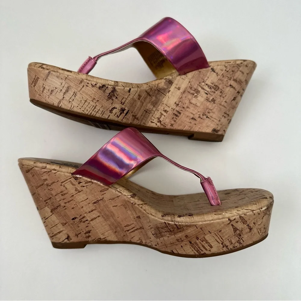 Simply Vera Iridescent Pink Thong Cork Wedge Platform Sandals Size 6